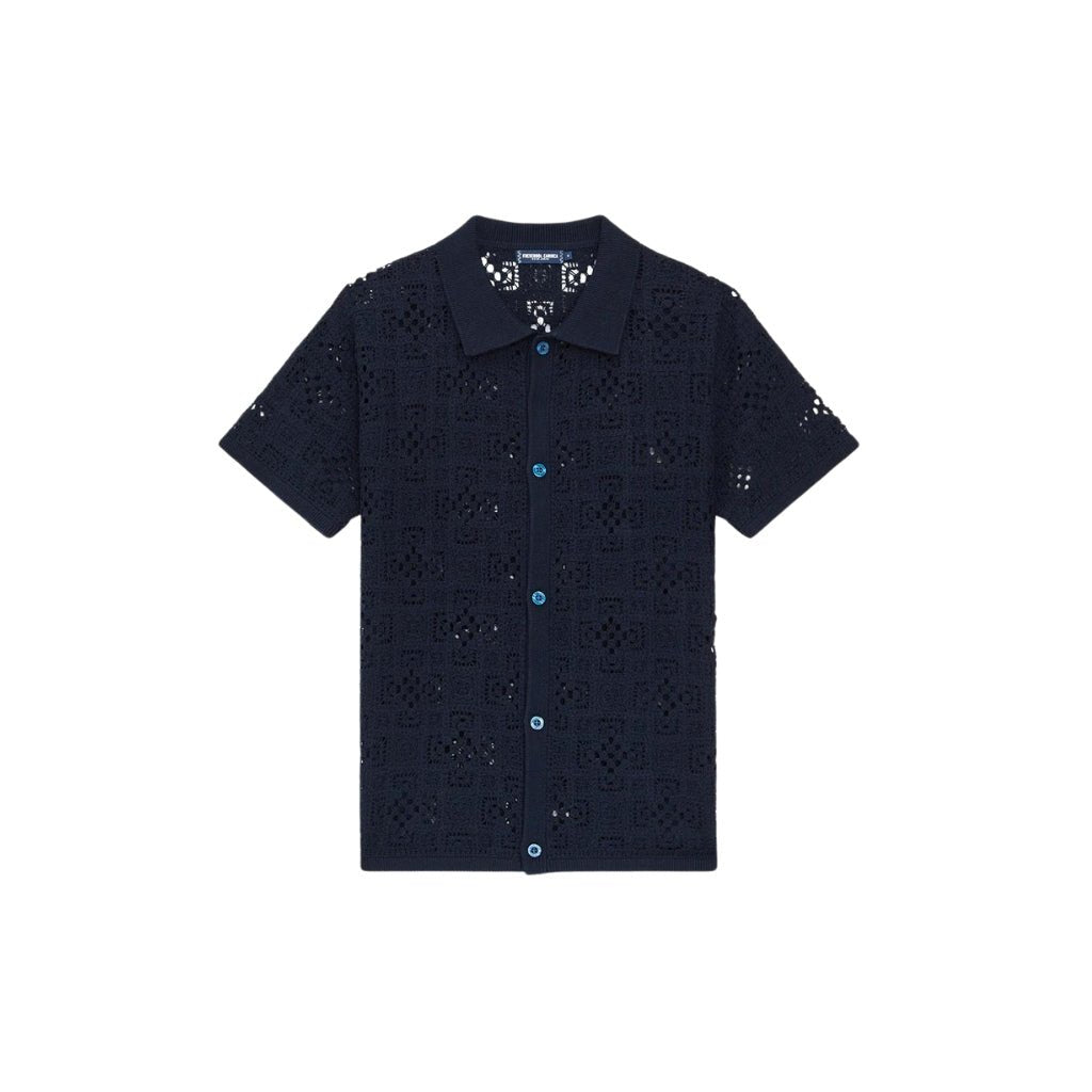 FRESCOBAL CARIOCA Crochet Button Shirt NAVY - Henry Bucks