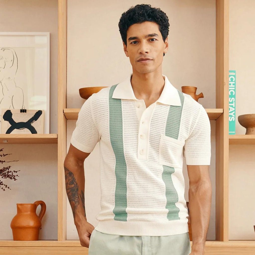 FRESCOBAL CARIOCA Crochet Stripe Polo WHITE/AQUA - Henry Bucks