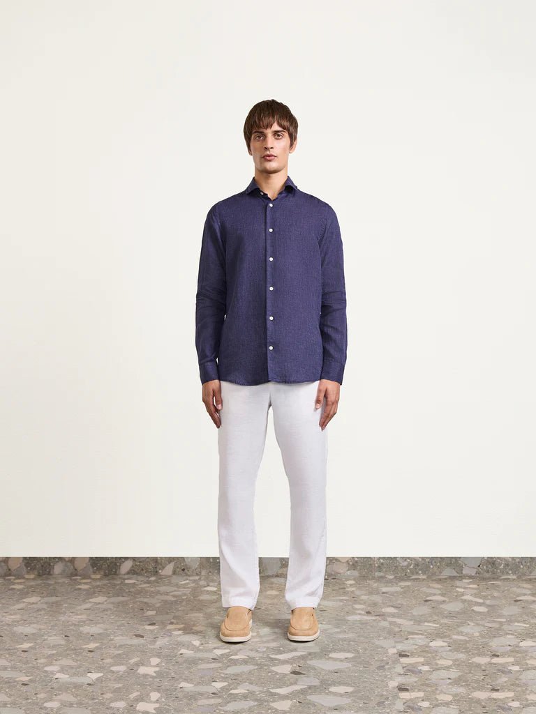 FRESCOBOL CARIOCA Antonio Linen Long Sleeve Shirt MIDNIGHT NAVY - Henry Bucks