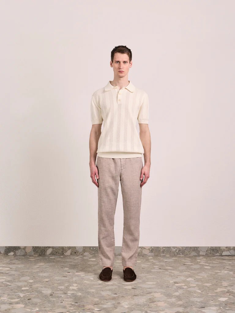 FRESCOBOL CARIOCA Cotton Stripe Short Sleeve Button Knit Polo CREAM - Henry Bucks