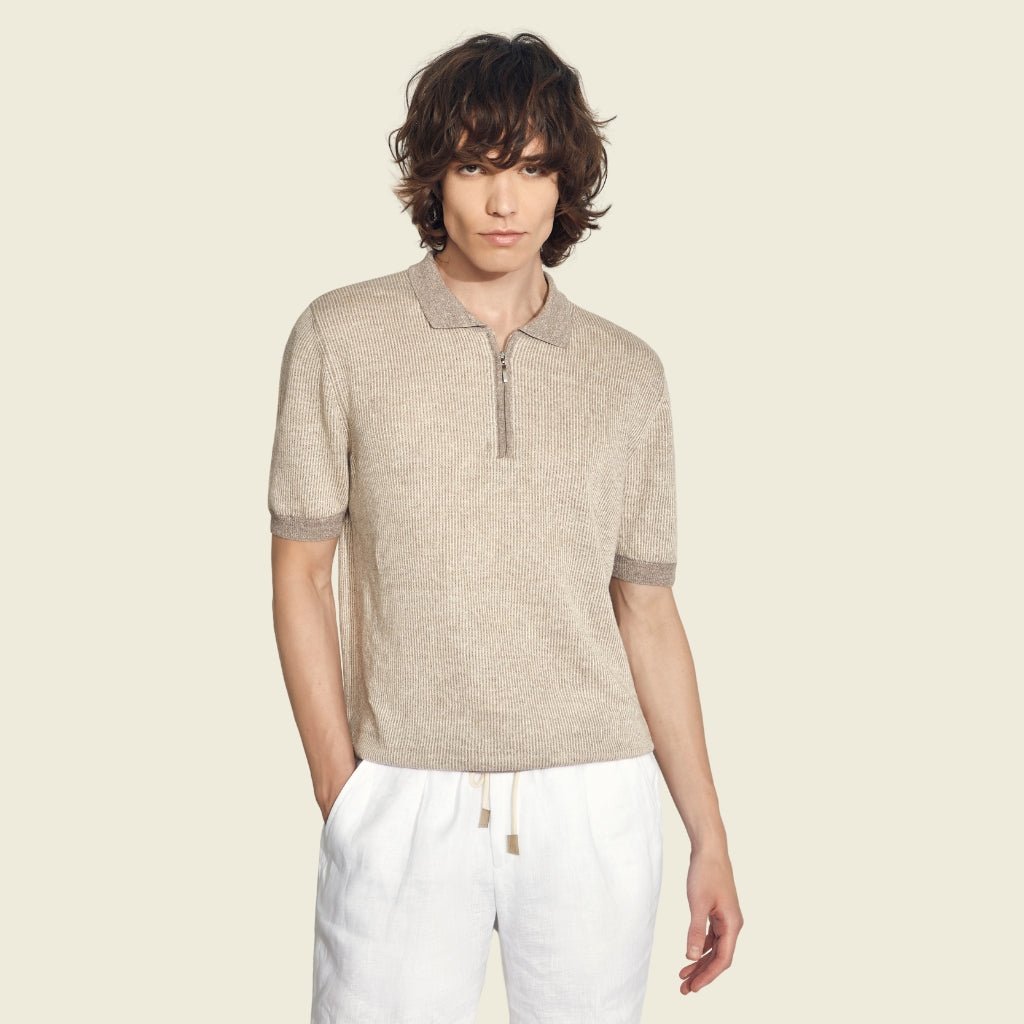 GRAN SASSO 2 - Tone Cotton/Linen Stripe Polo BEIGE - Henry BucksPolo61SS240038 - BEIG - 48