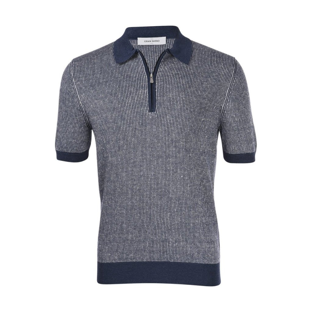 GRAN SASSO 2 - Tone Cotton/Linen Stripe Polo NAVY - Henry BucksPolo61SS240038 - NAVY - 50