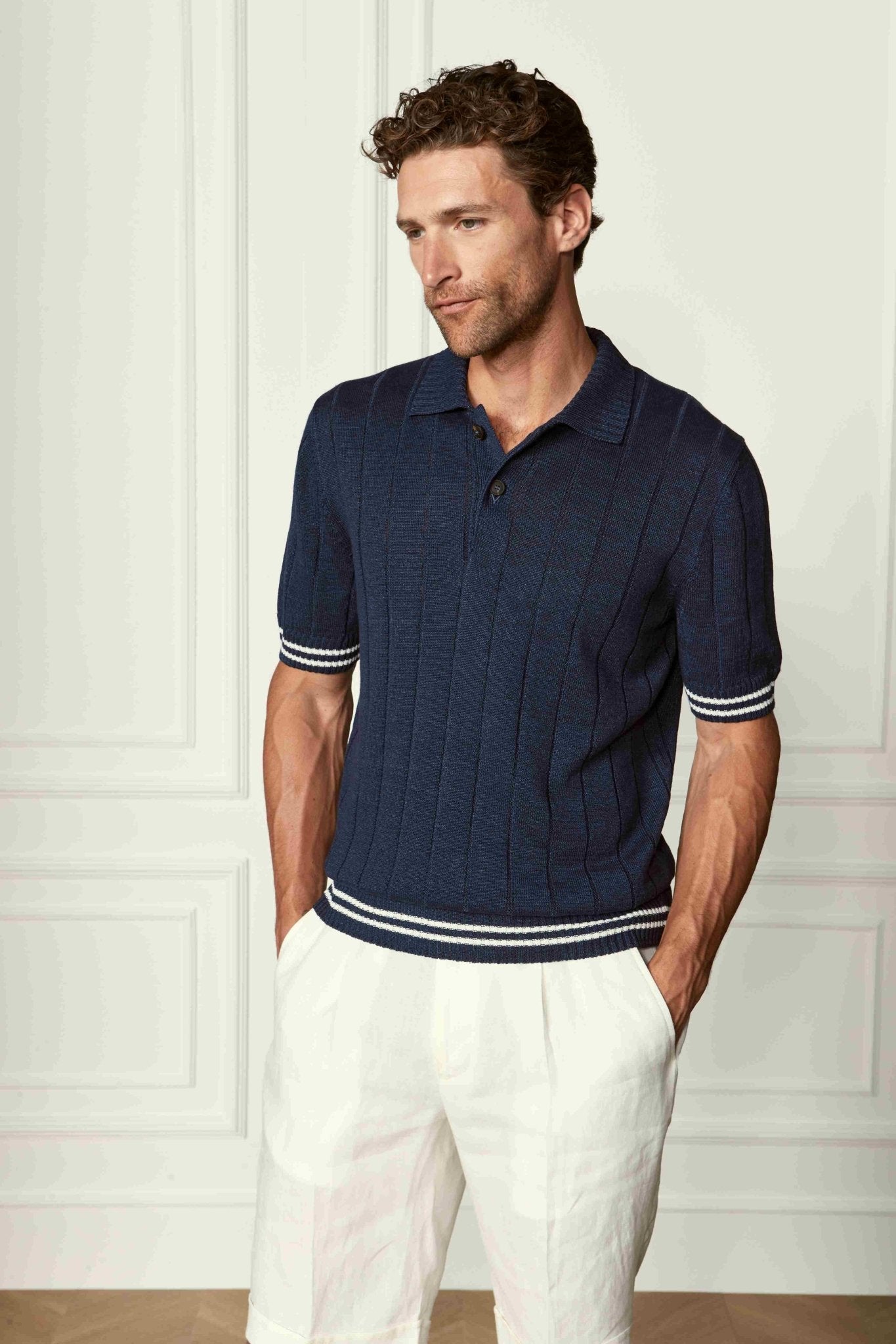 GRAN SASSO Linen Blend Polo NAVY - Henry Bucks