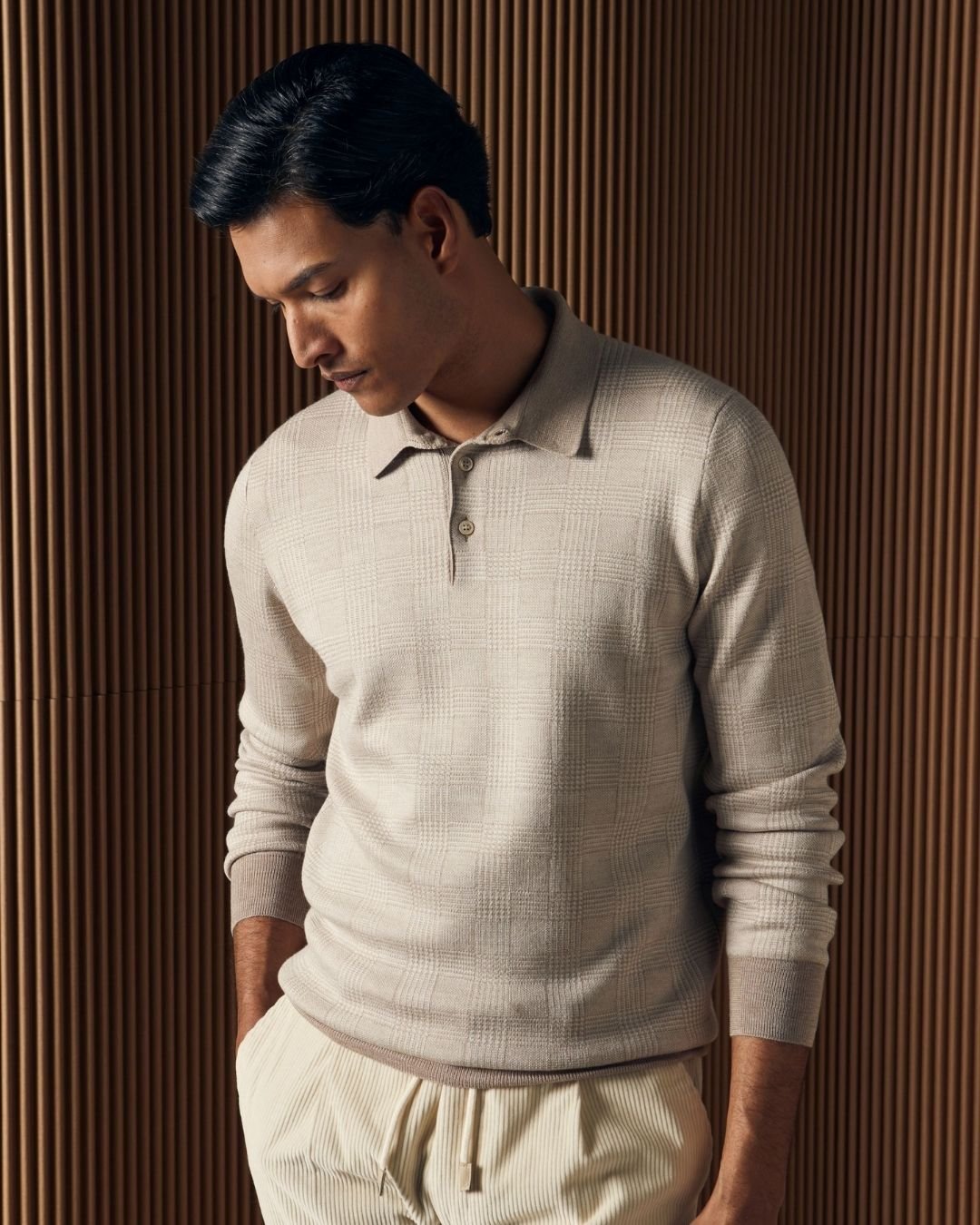 GRAN SASSO Merino Silk Check Polo Knit CREAM - Henry Bucks