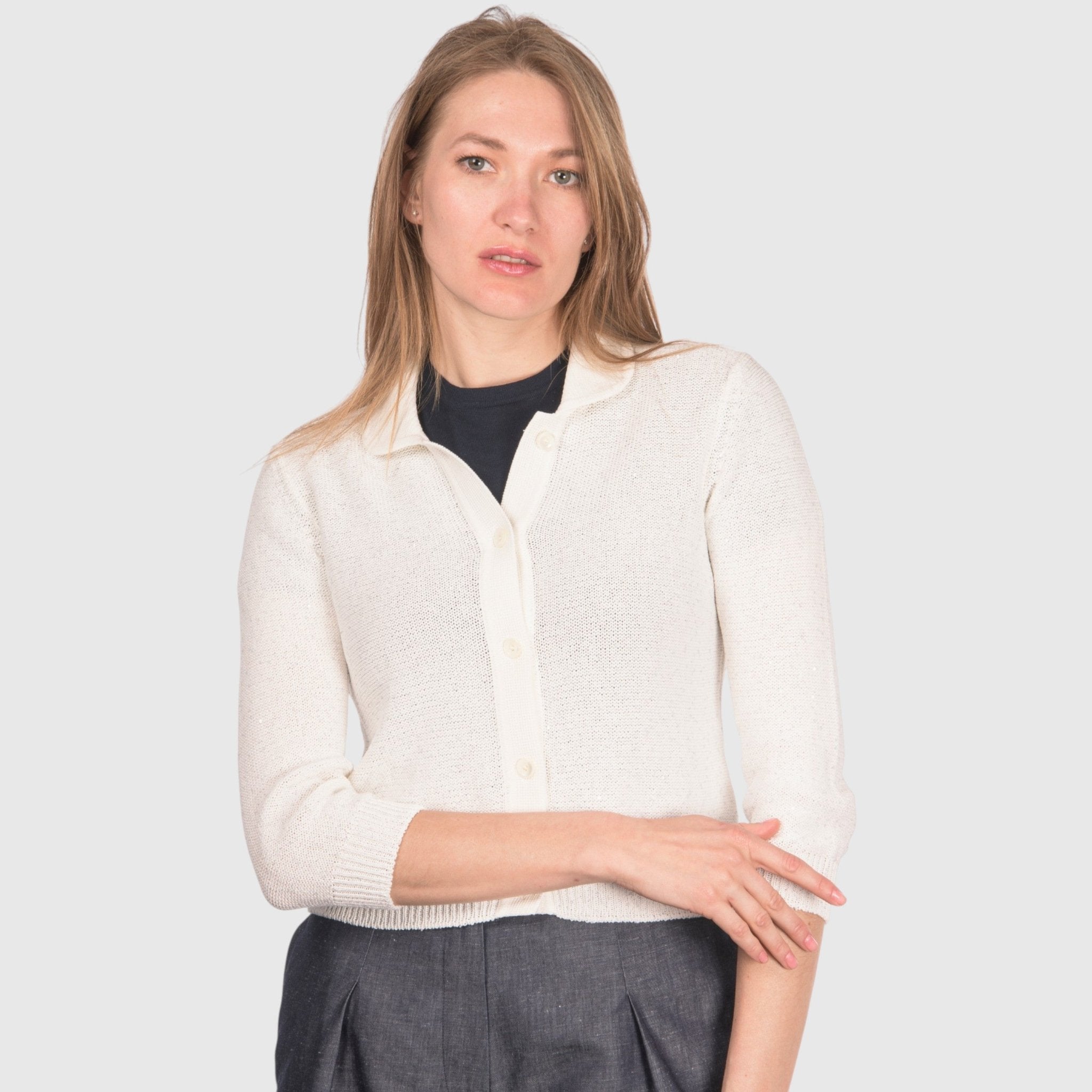 GRAN SASSO Womens Button Front Sequin Cardi WHITE - Henry Bucks