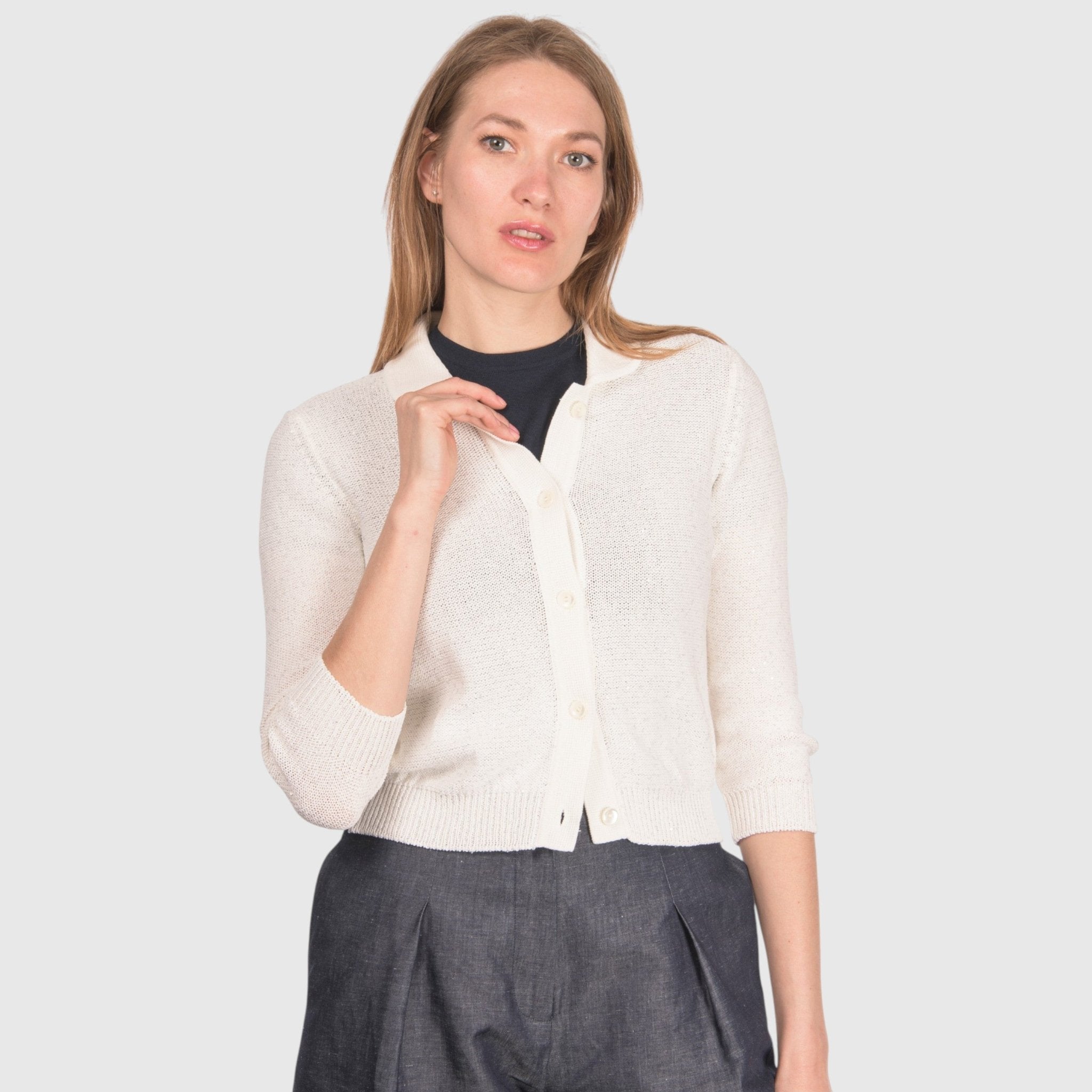 GRAN SASSO Womens Button Front Sequin Cardi WHITE - Henry Bucks