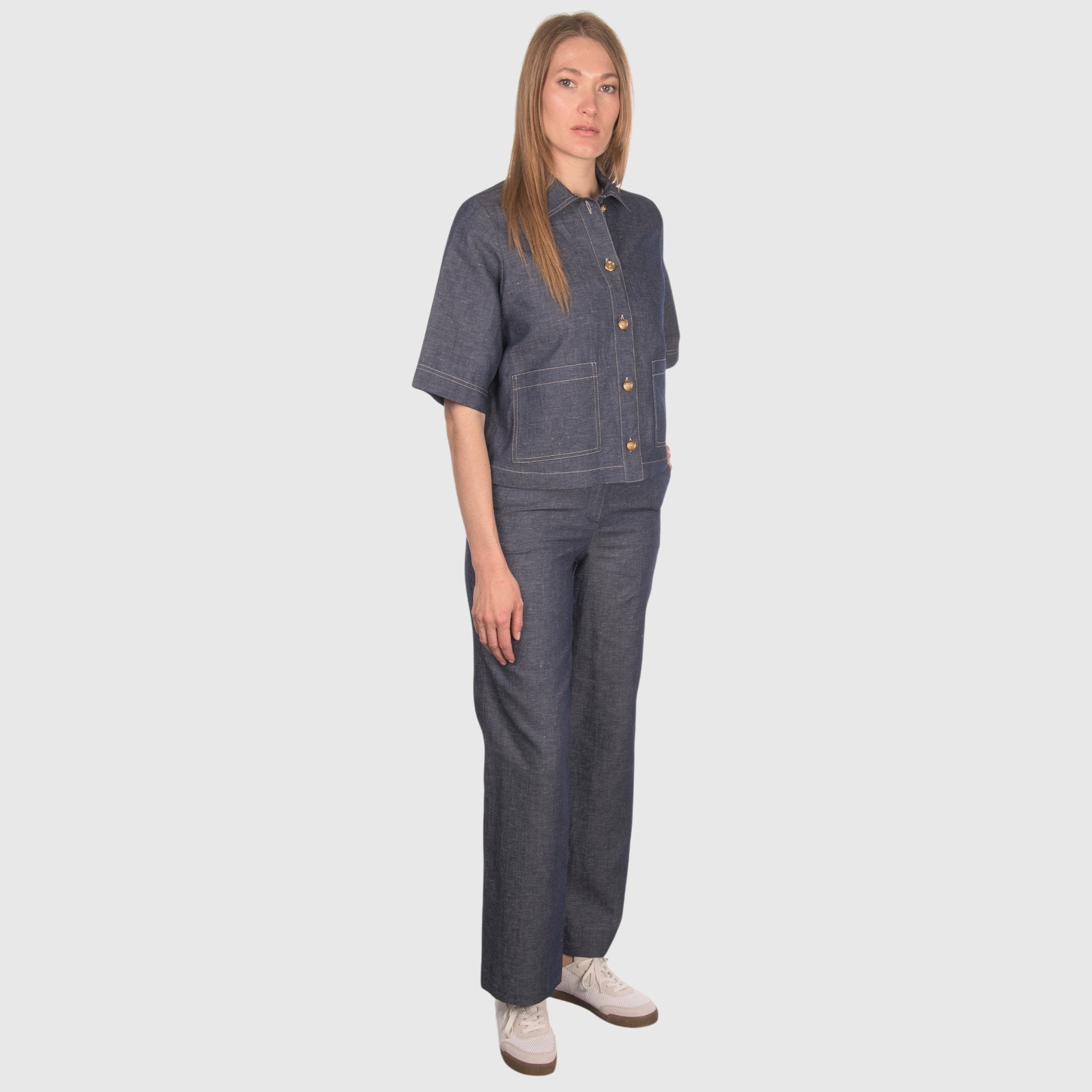 GRAN SASSO Womens Cotton Linen Shirt NAVY - Henry Bucks