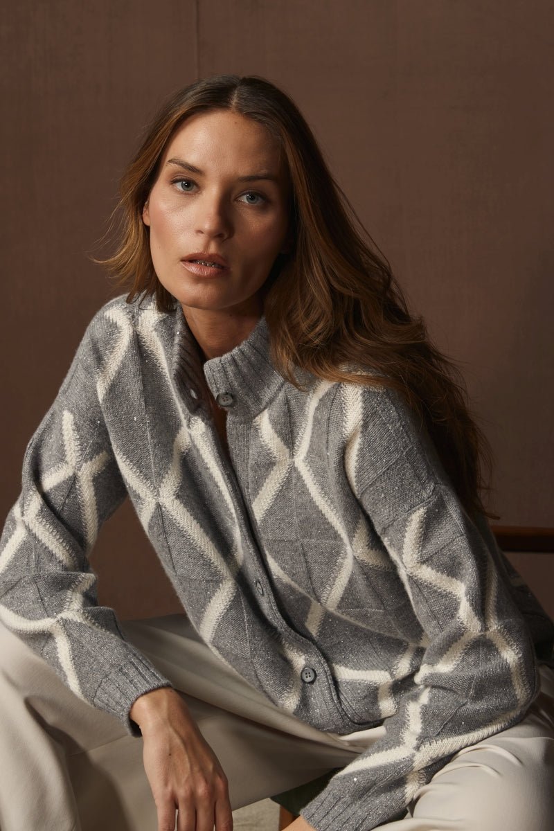 GRAN SASSO Womens Diamond Jacqurd Cardigan GREY - Henry Bucks