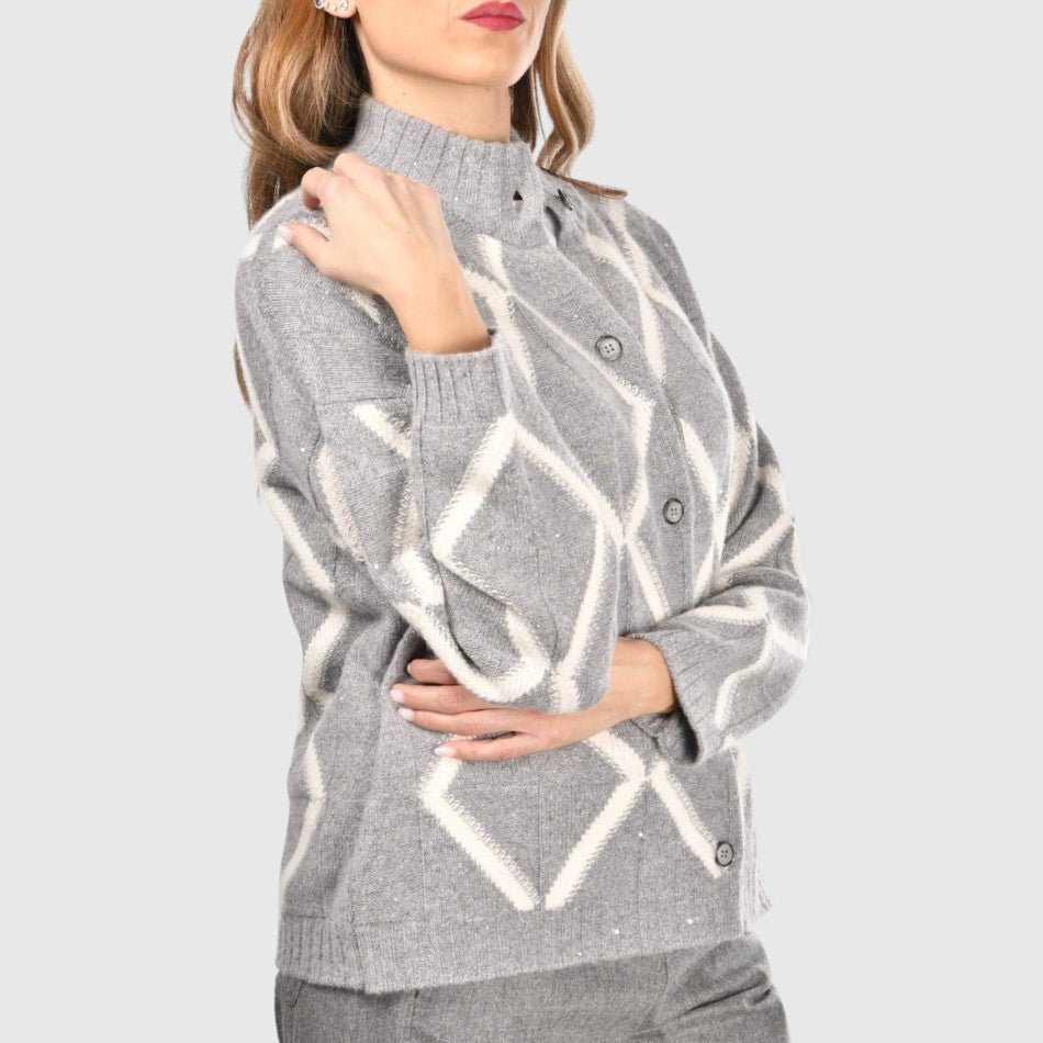 GRAN SASSO Womens Diamond Jacqurd Cardigan GREY - Henry Bucks