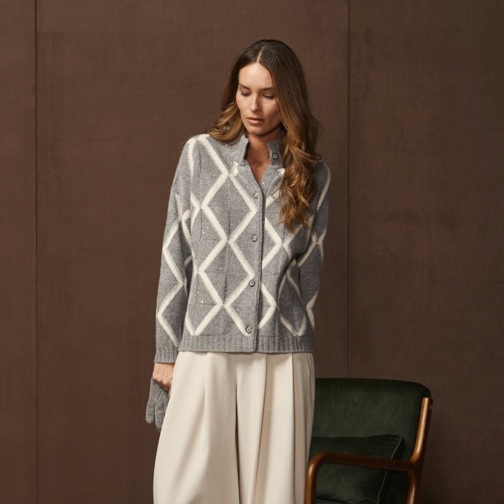 GRAN SASSO Womens Diamond Jacqurd Cardigan GREY - Henry Bucks