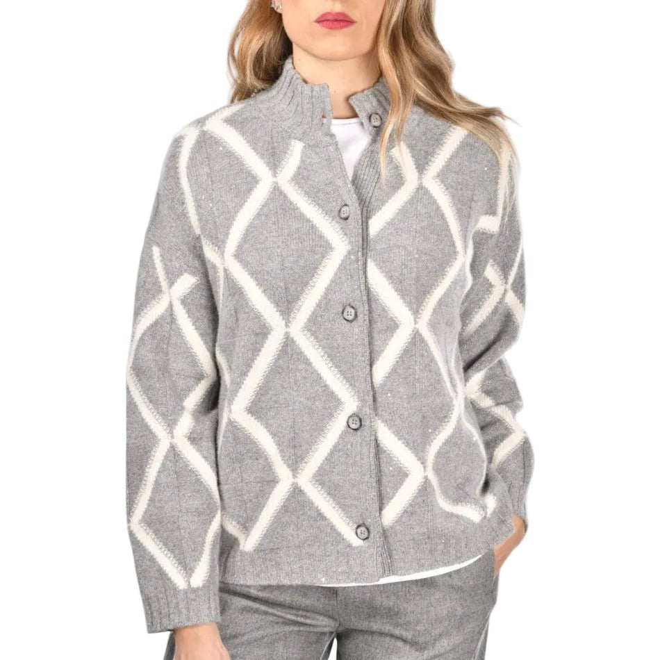 GRAN SASSO Womens Diamond Jacqurd Cardigan GREY - Henry Bucks