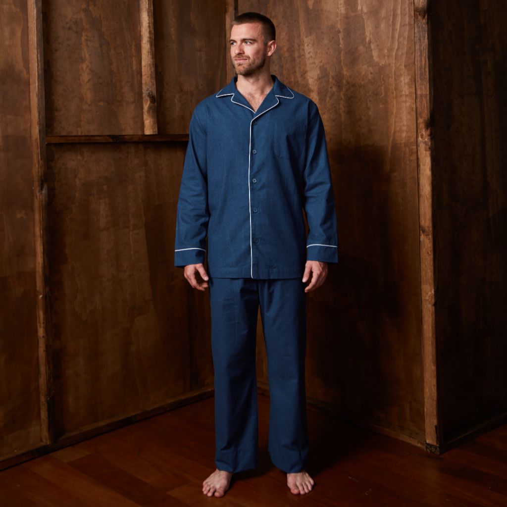 Henry Lounge Flannel Long Sleeve Button Pyjama Set MID BLUE - Henry Bucks