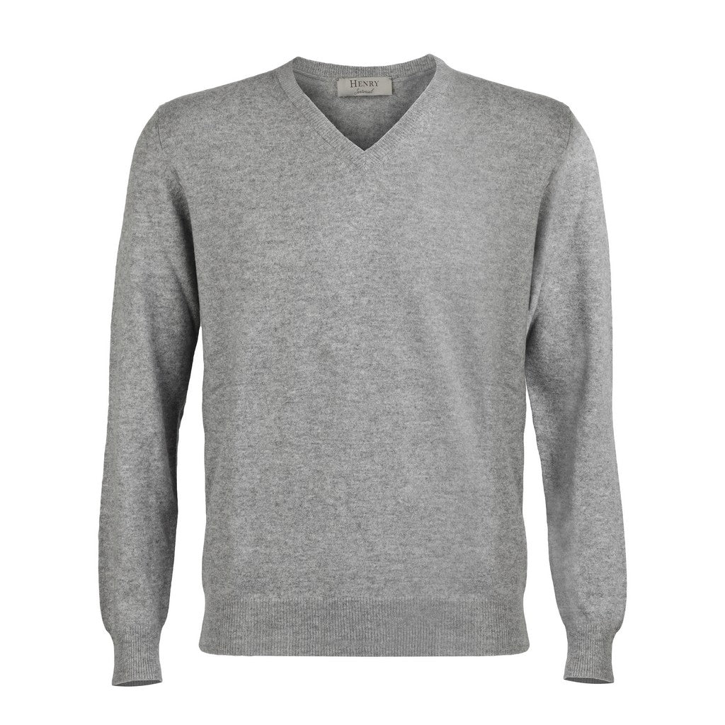 HENRY SARTORIAL Cashmere V Neck 12GG GREY - Henry Bucks