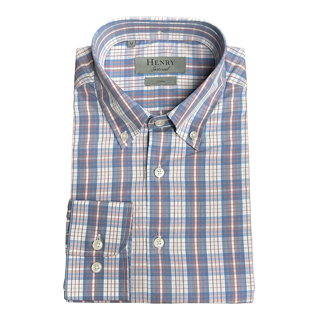 HENRY SARTORIAL Classic Button-Down Check Shirt BLUE/RED - Henry Bucks