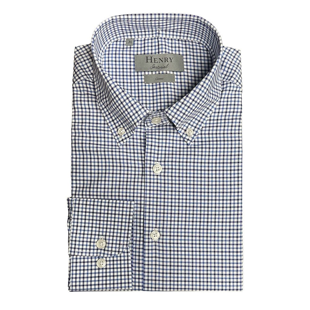 HENRY SARTORIAL Classic Button-Down Cotton Shirt BLUE CHECK - Henry Bucks