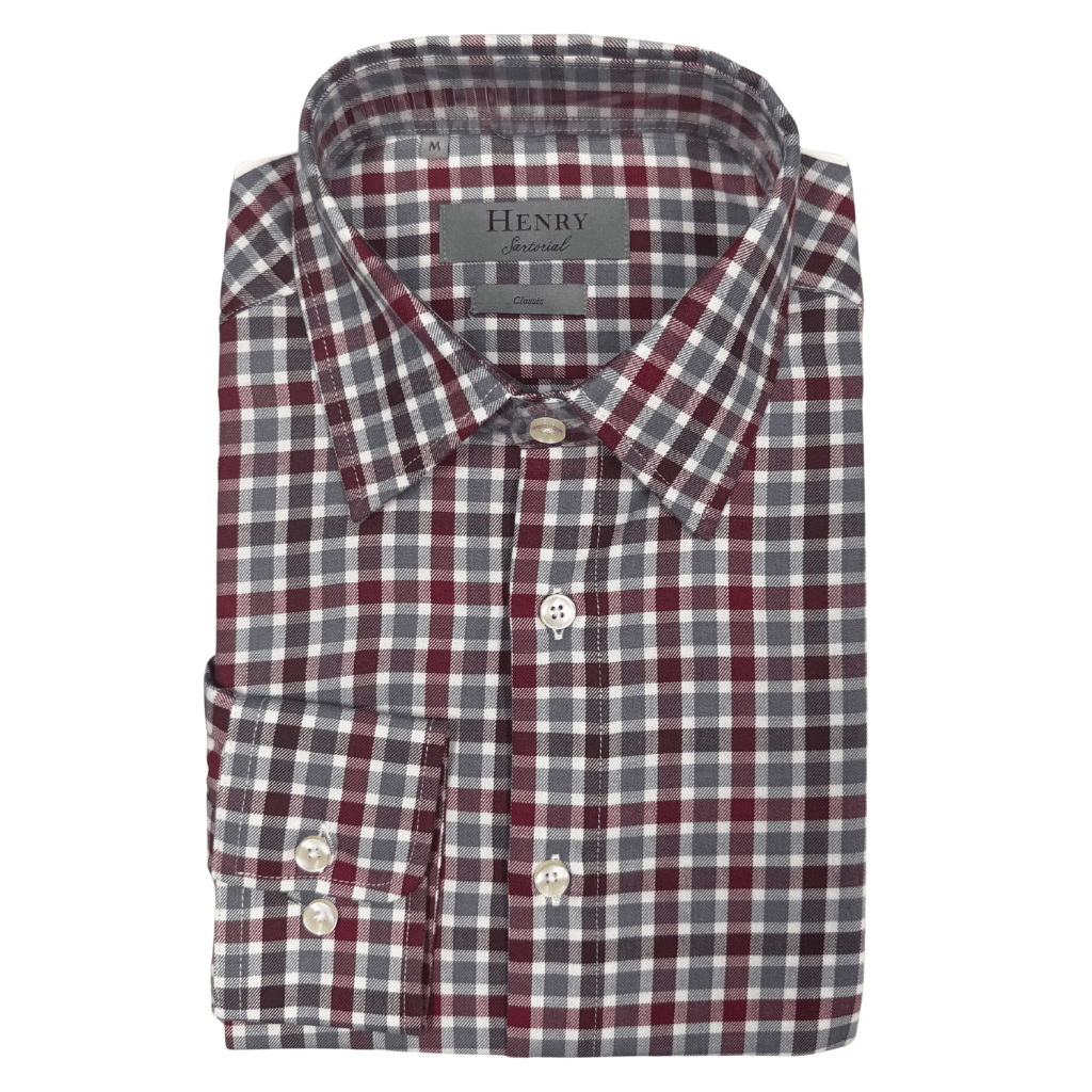 HENRY SARTORIAL Classic Fit Cotton Shirt BURGUNDY/GREY - Henry Bucks