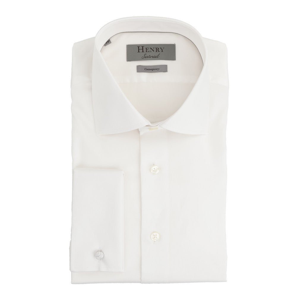HENRY SARTORIAL Contemporary Fit Plain Twill Single Cuff Shirt WHITE DC - Henry Bucks