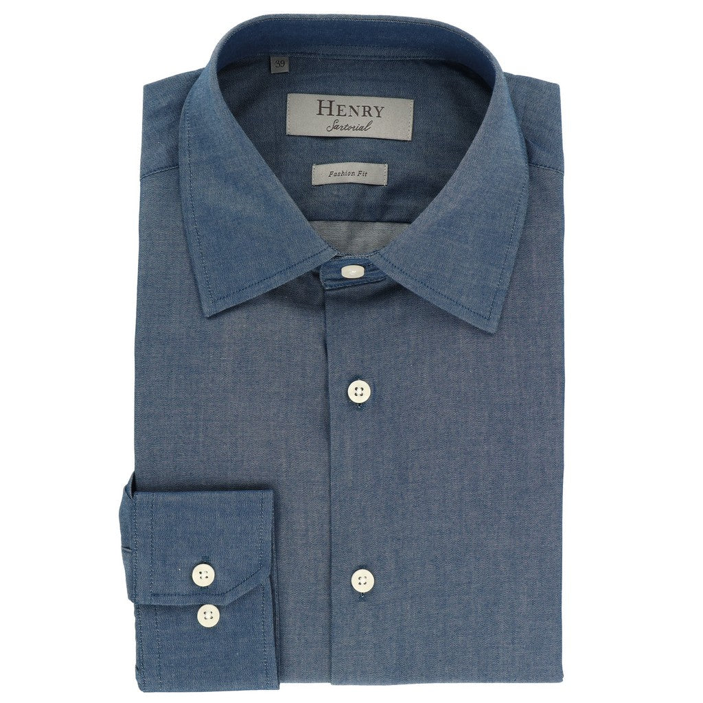 HENRY SARTORIAL Cotton Chambray Long Sleeve Slim Shirt DARK DENIM (Online only*) - Henry Bucks