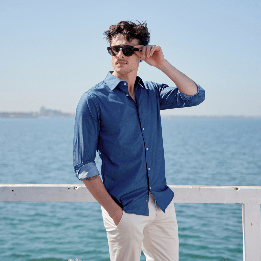 HENRY SARTORIAL Cotton Chambray Long Sleeve Slim Shirt DARK DENIM - Henry Bucks