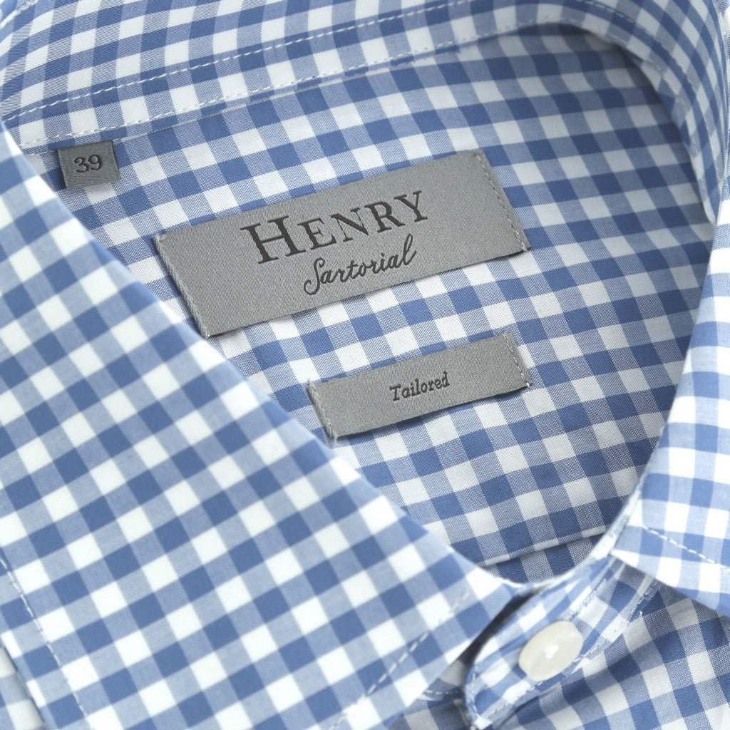 HENRY SARTORIAL Cotton Check Long Sleeve Business Shirt BLUE/WHITE (Online only*) - Henry Bucks