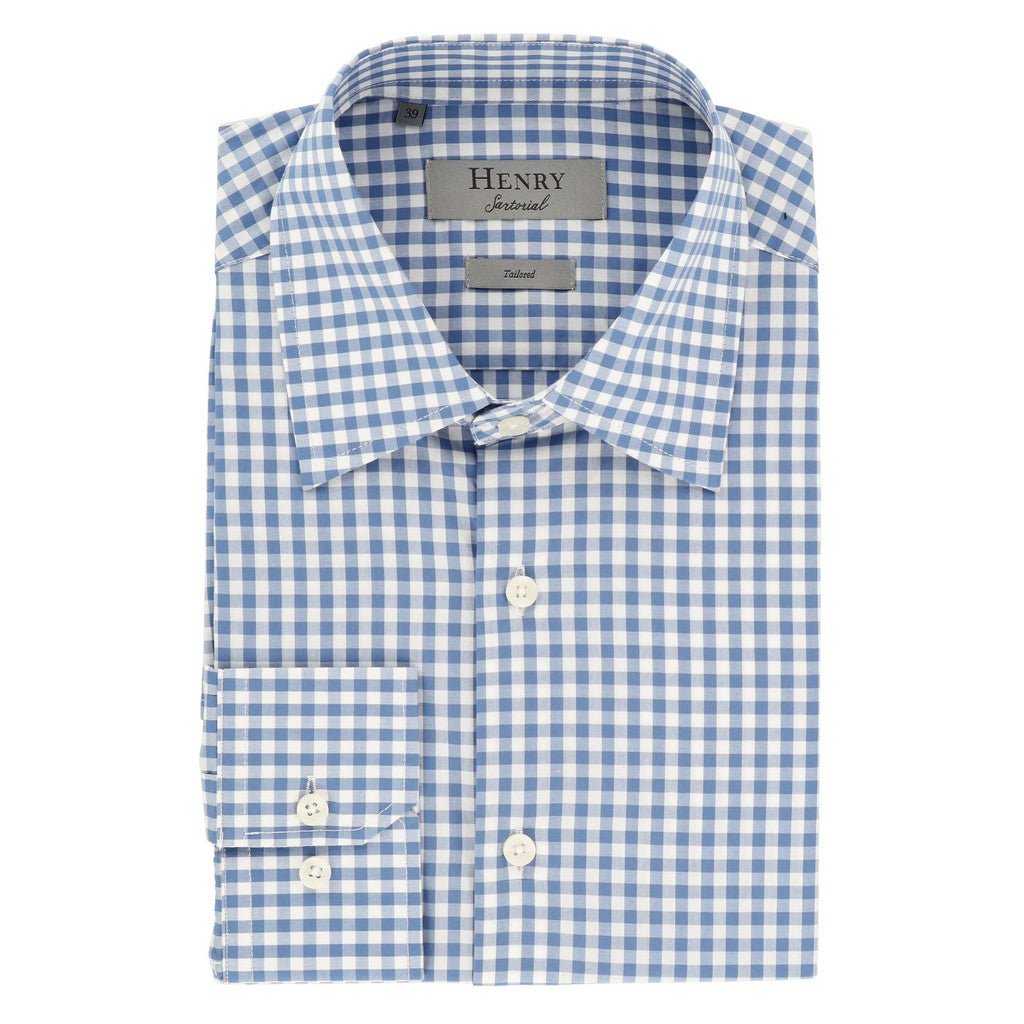 HENRY SARTORIAL Cotton Check Long Sleeve Business Shirt BLUE/WHITE (Online only*) - Henry Bucks