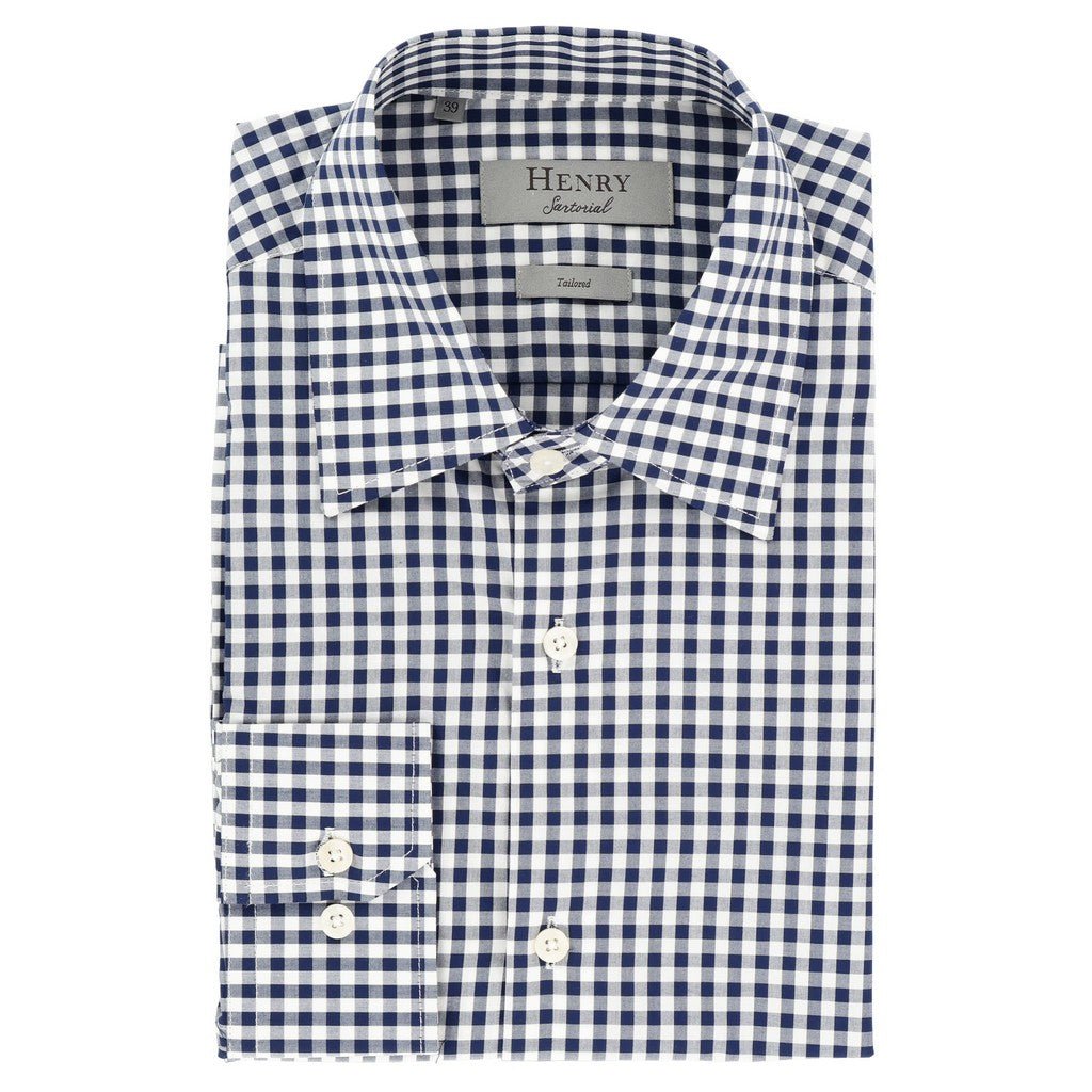 HENRY SARTORIAL Cotton Check Long Sleeve Business Shirt NAVY/WHITE (Online only*) - Henry Bucks