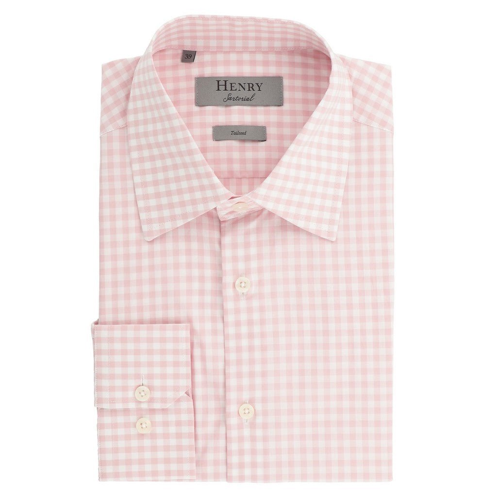 HENRY SARTORIAL Cotton Check Long Sleeve Business Shirt PINK/WHITE (Online only*) - Henry Bucks