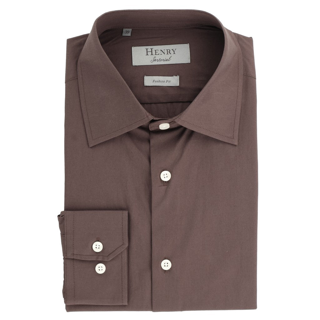 HENRY SARTORIAL Cotton Poplin Long Sleeve Business Shirt DARK BROWN (Online only*) - Henry Bucks