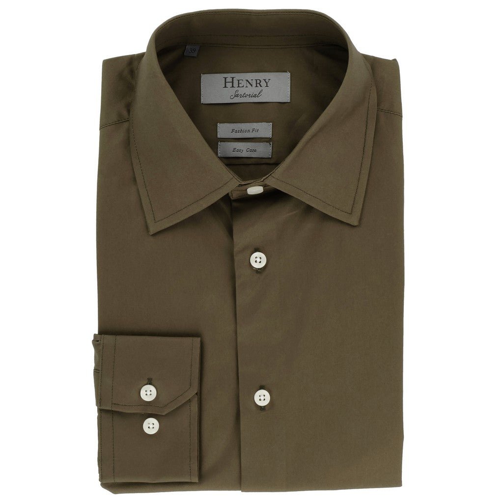 HENRY SARTORIAL Cotton Twill Long Sleeve Slim Shirt DARK OLIVE (Online only*) - Henry Bucks