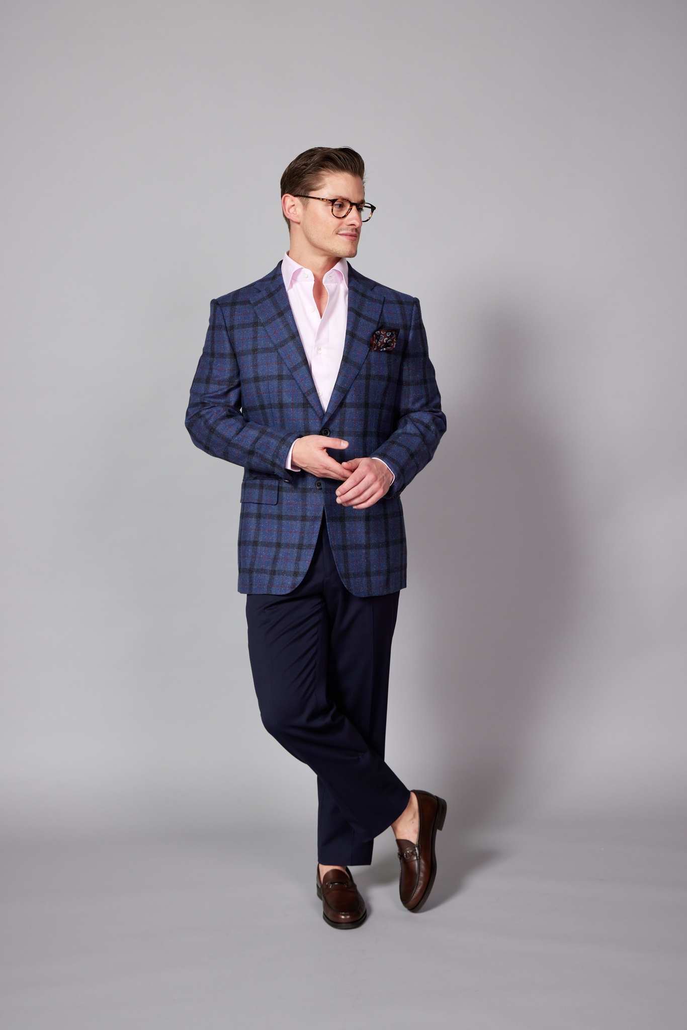 HENRY SARTORIAL DORMEUIL Wool/Silk Check Jacket SOFT BURGUNDY/NAVY REG - Henry BucksBlazers33AW230006 - BURGNAVY - R - 48