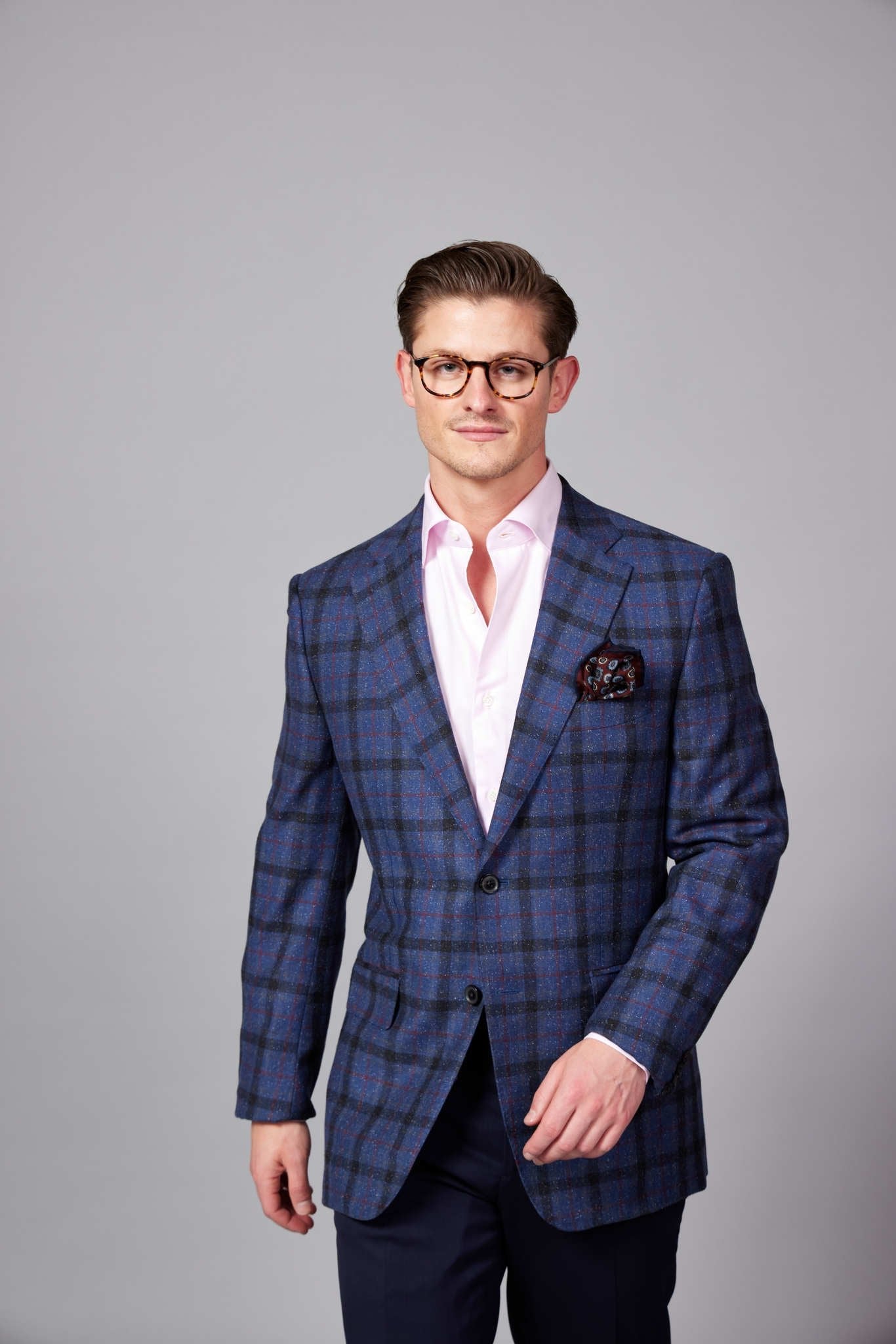 HENRY SARTORIAL DORMEUIL Wool/Silk Check Jacket SOFT BURGUNDY/NAVY REG - Henry BucksBlazers33AW230006 - BURGNAVY - R - 48