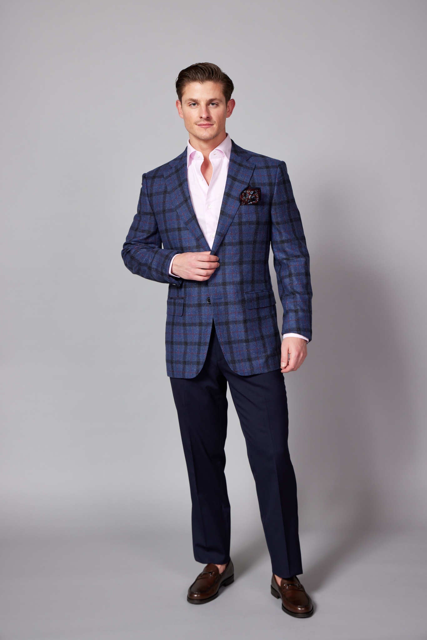 HENRY SARTORIAL DORMEUIL Wool/Silk Check Jacket SOFT BURGUNDY/NAVY REG - Henry BucksBlazers33AW230006 - BURGNAVY - R - 48