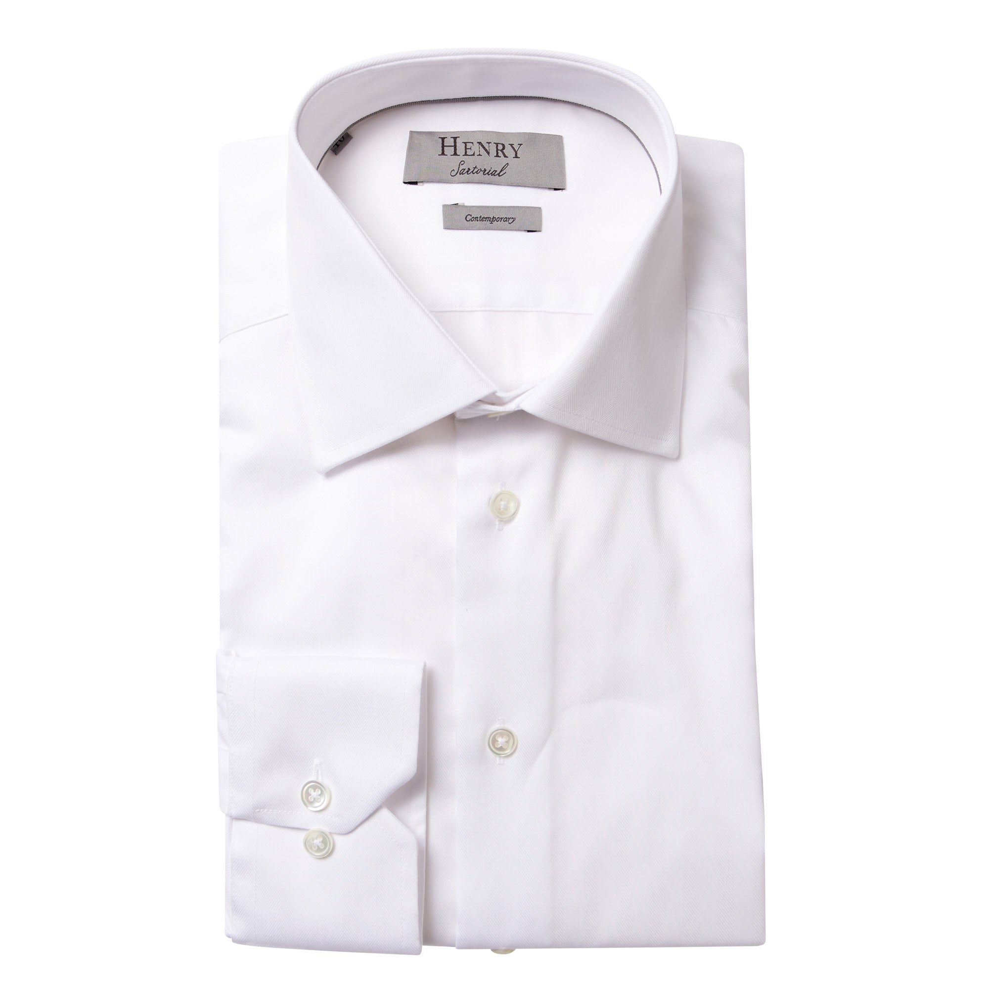 HENRY SARTORIAL Herringbone Business Shirt Single Cuff Contemporary Fit WHITE - Henry BucksShirts61AW240020 - WHTE - SC - CONT - 38