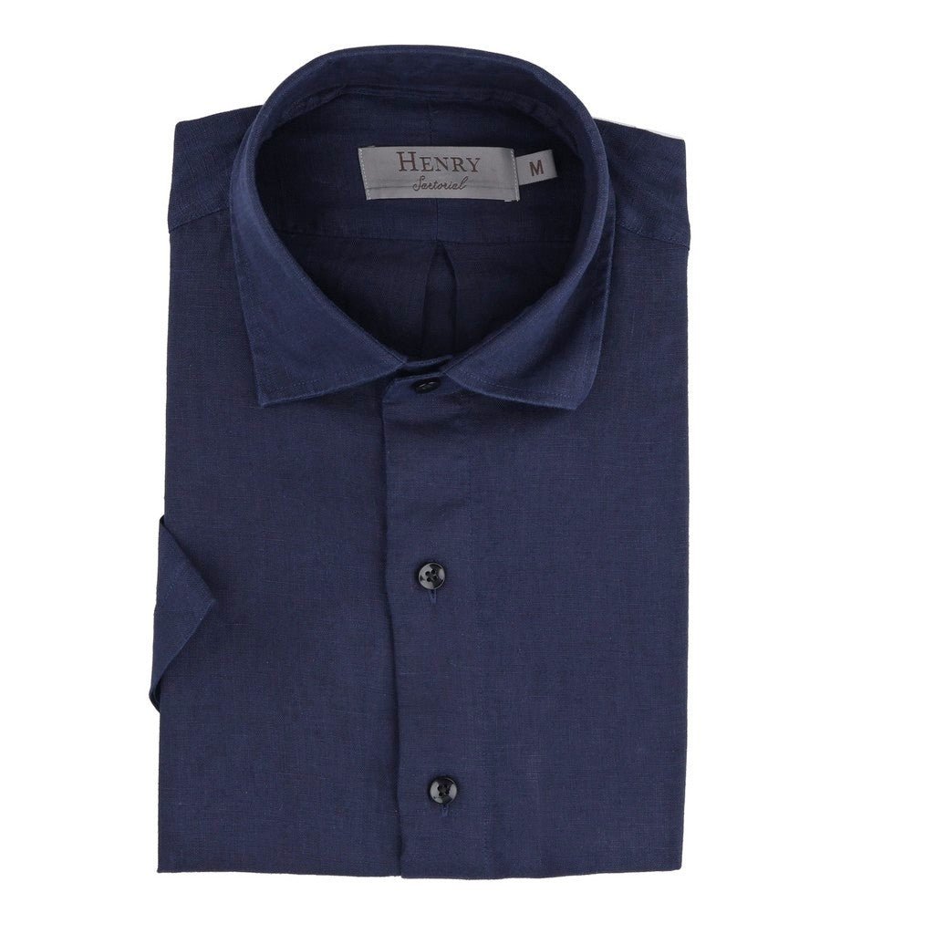 HENRY SARTORIAL Linen Classic Fit Short Sleeve Shirt NAVY - Henry Bucks