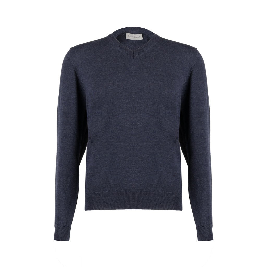 Henry Sartorial Merino Wool V Neck Knit CHARCOAL BLUE - Henry Bucks