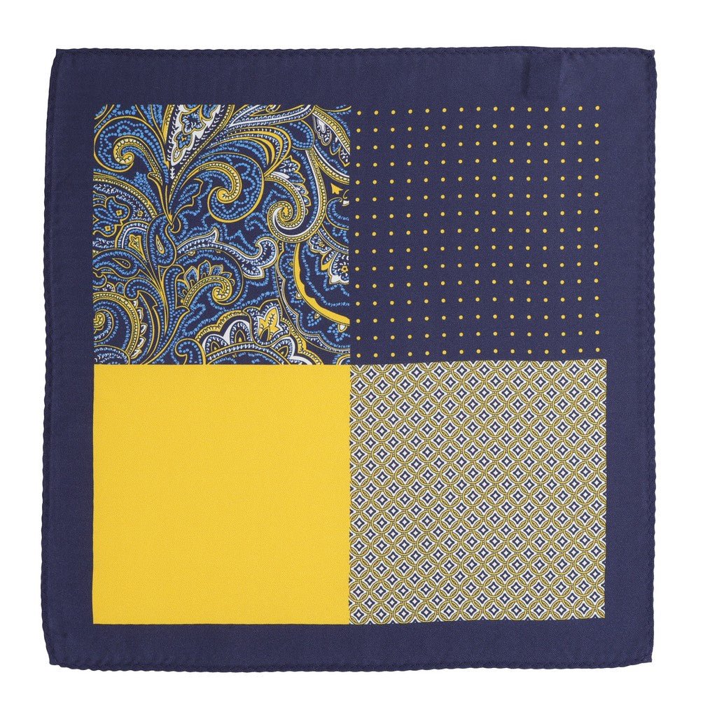 HENRY SARTORIAL Multi Pattern Silk Pocket Square NAVY/GOLD - Henry Bucks