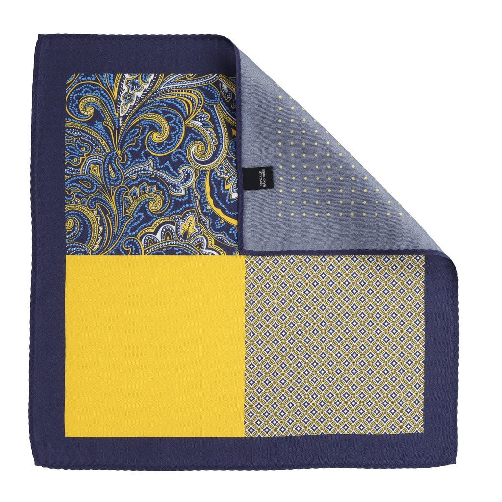 HENRY SARTORIAL Multi Pattern Silk Pocket Square NAVY/GOLD - Henry Bucks