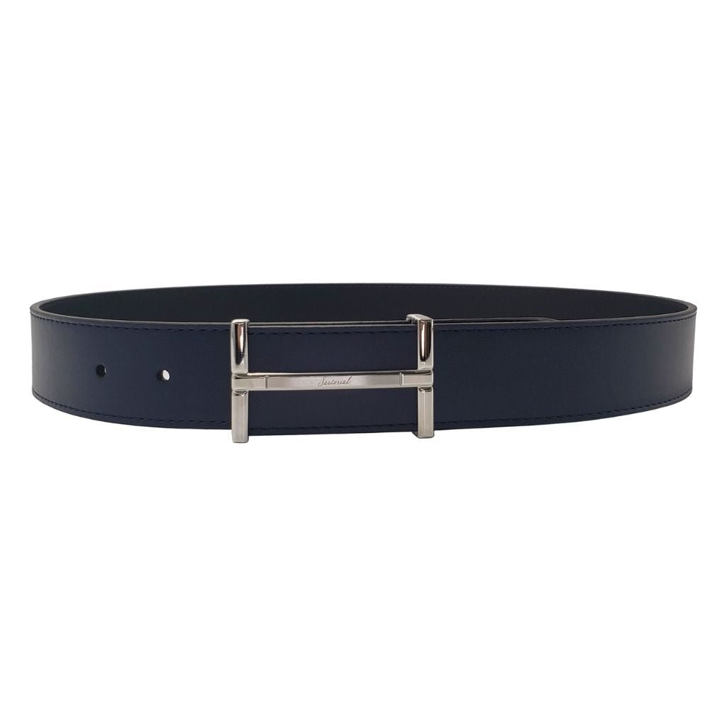 HENRY SARTORIAL Nappa Leather Belt 3.5cm SILVER NAVY - Henry Bucks