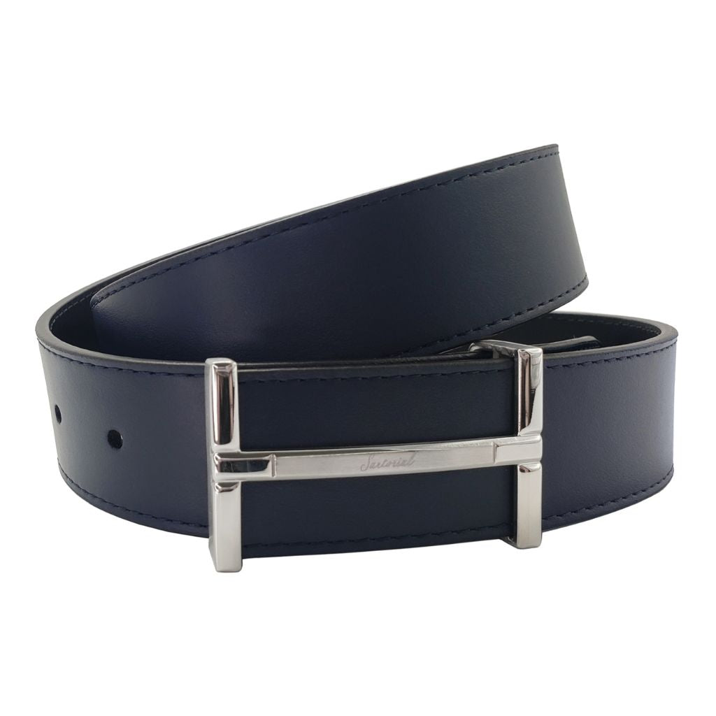 HENRY SARTORIAL Nappa Leather Belt 3.5cm SILVER NAVY - Henry Bucks