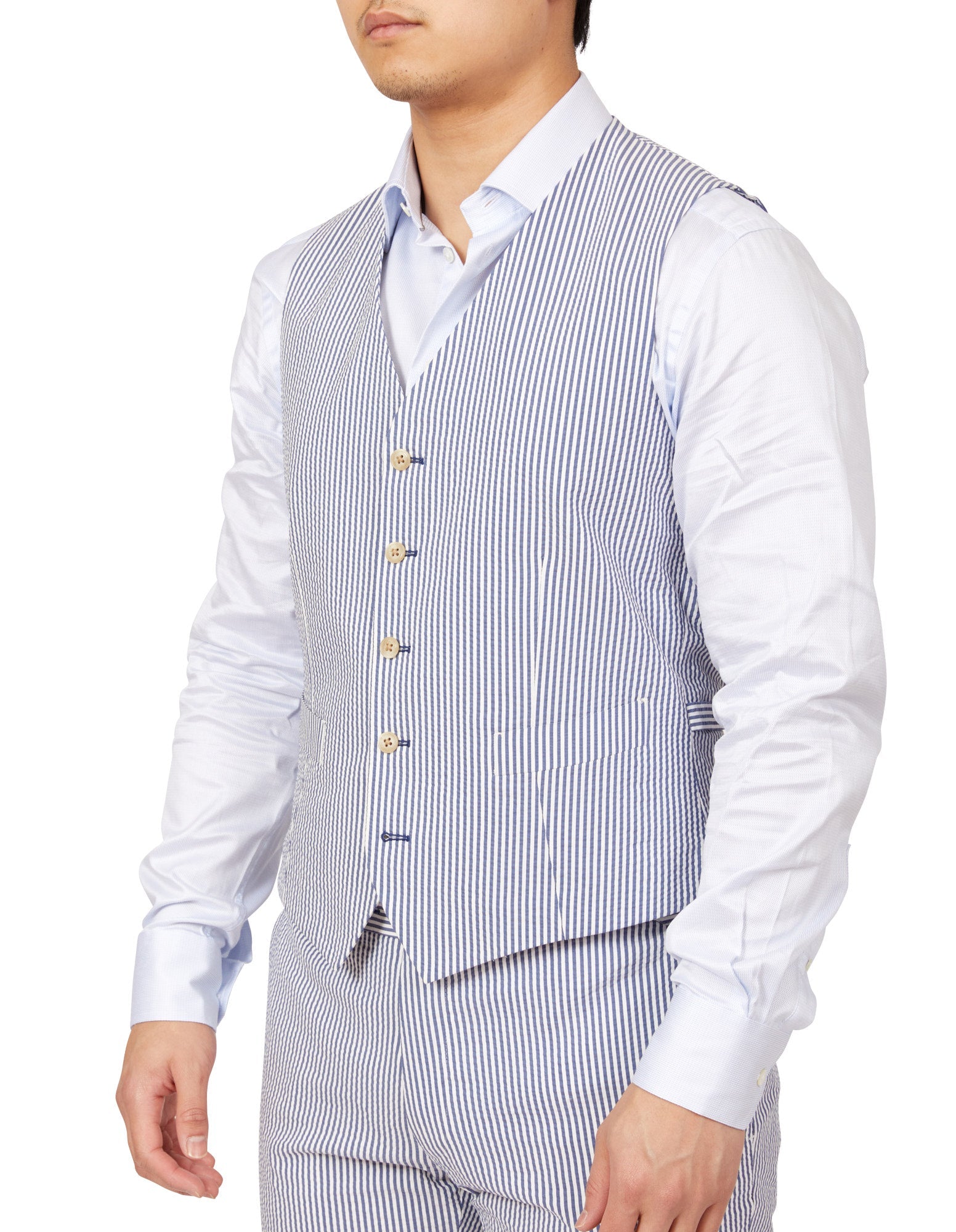 HENRY SARTORIAL Orleans Seersucker Waistcoat NAVY/WHITE REG - Henry BucksWaistcoat38SS220031 - NVWH - R - 46