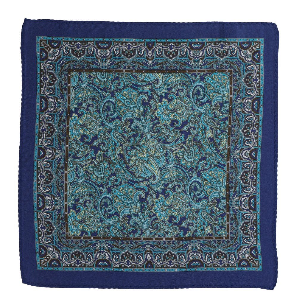 HENRY SARTORIAL Paisley Border Silk Pocket Square NAVY/GREEN - Henry Bucks