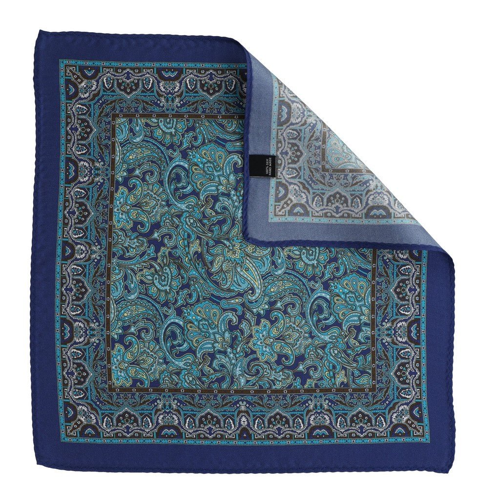 HENRY SARTORIAL Paisley Border Silk Pocket Square NAVY/GREEN - Henry Bucks