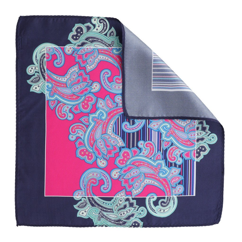 HENRY SARTORIAL Paisley Border Silk Pocket Square NAVY/PINK - Henry Bucks