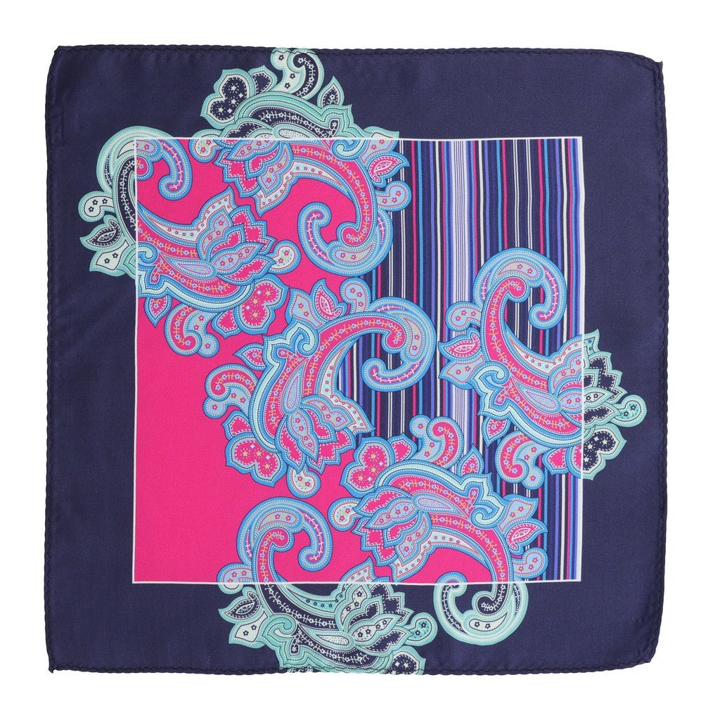 HENRY SARTORIAL Paisley Border Silk Pocket Square NAVY/PINK - Henry Bucks