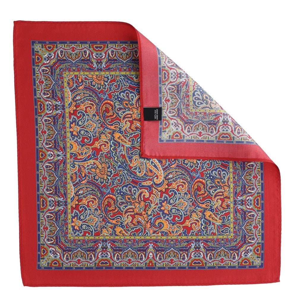 HENRY SARTORIAL Paisley Border Silk Pocket Square RED/NAVY - Henry Bucks