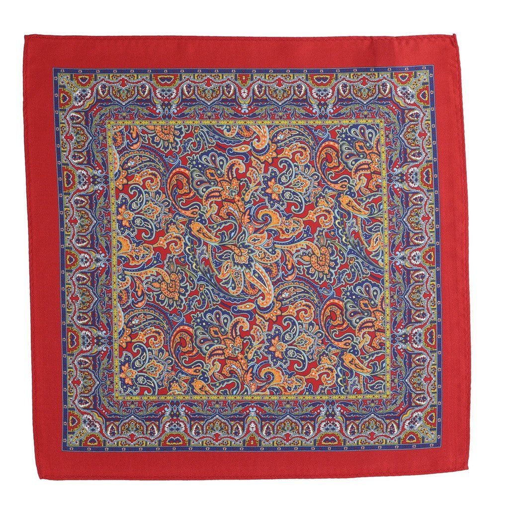 HENRY SARTORIAL Paisley Border Silk Pocket Square RED/NAVY - Henry Bucks