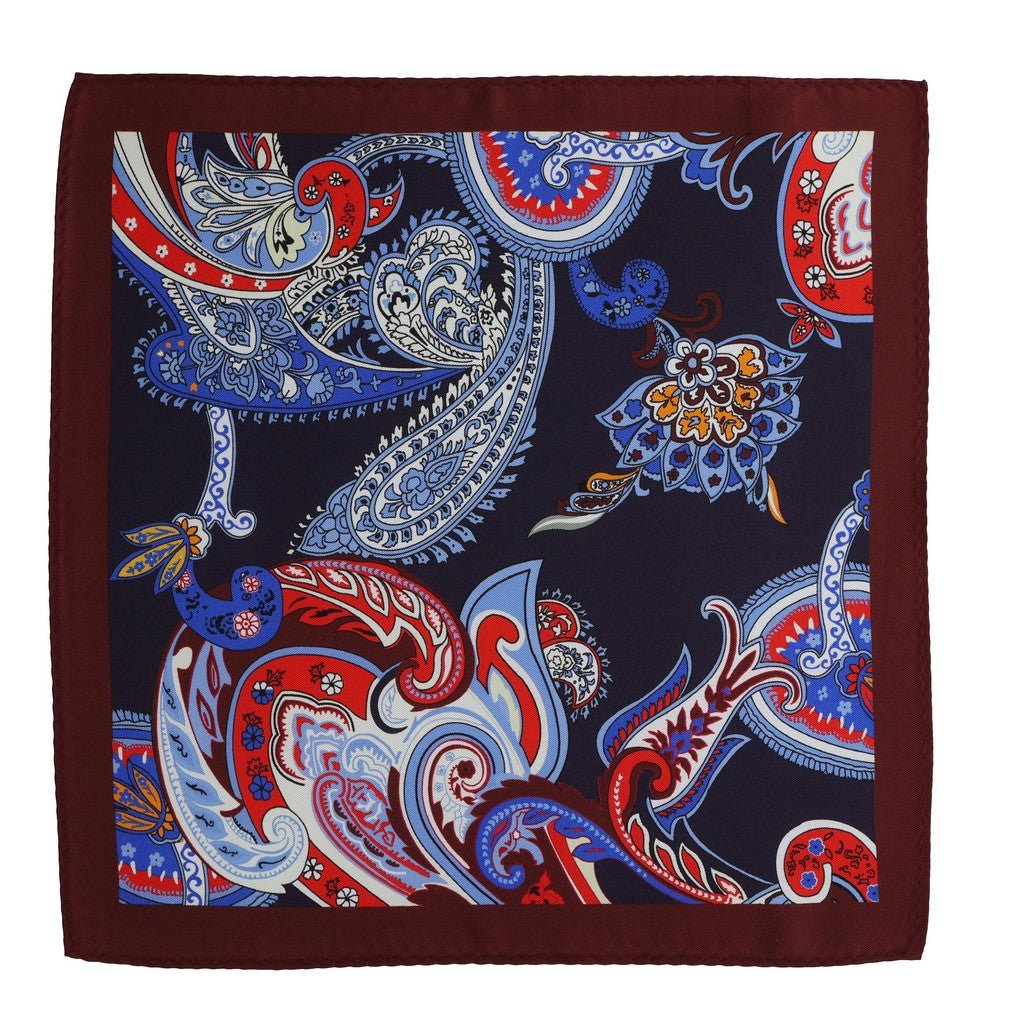 HENRY SARTORIAL Paisley Silk Pocket Square MAROON/NAVY - Henry Bucks