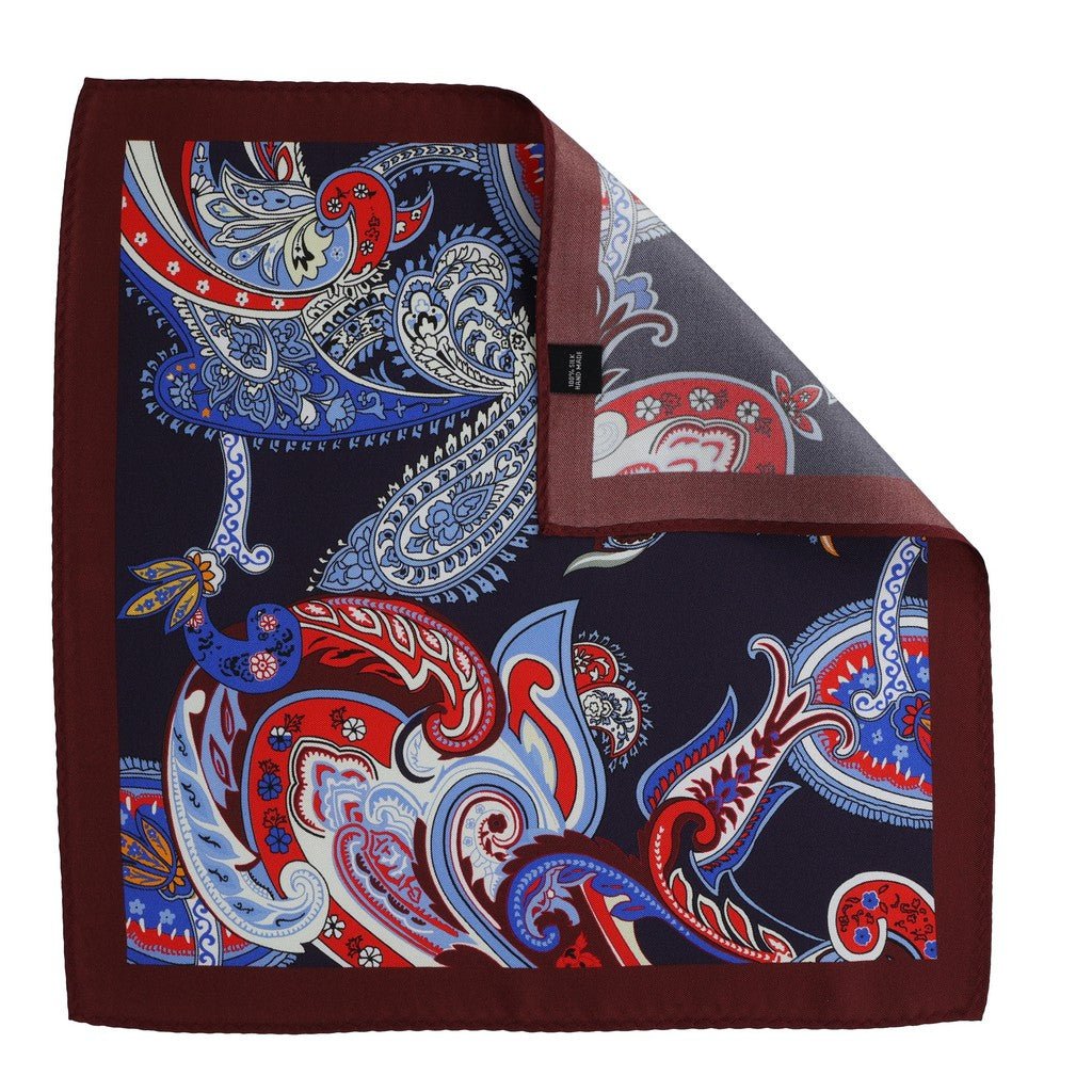 HENRY SARTORIAL Paisley Silk Pocket Square MAROON/NAVY - Henry Bucks