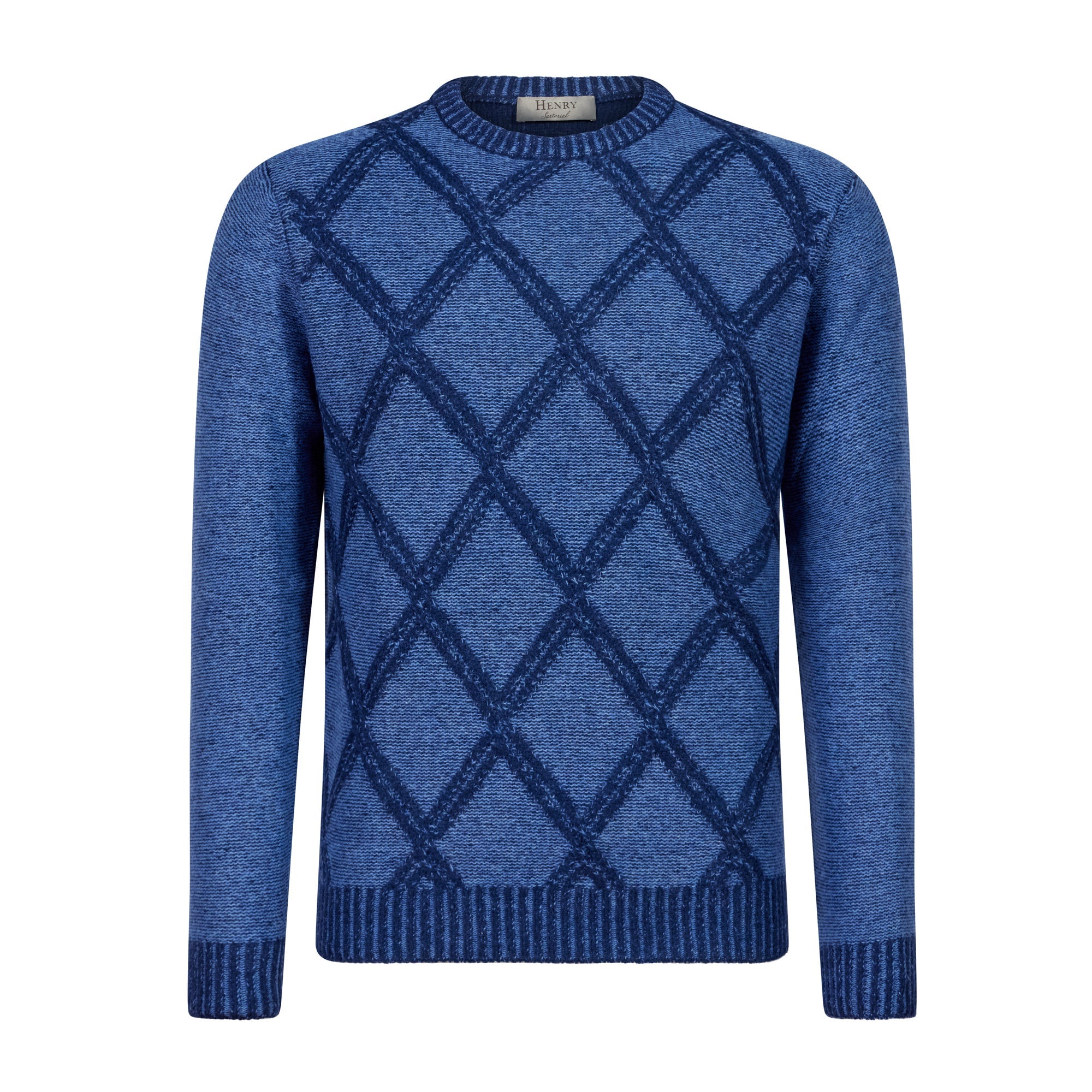 HENRY SARTORIAL Plaid Crew Neck 70% Wool 7GG BLUE - Henry BucksKnitwear46AW230015 - BLUE - SM