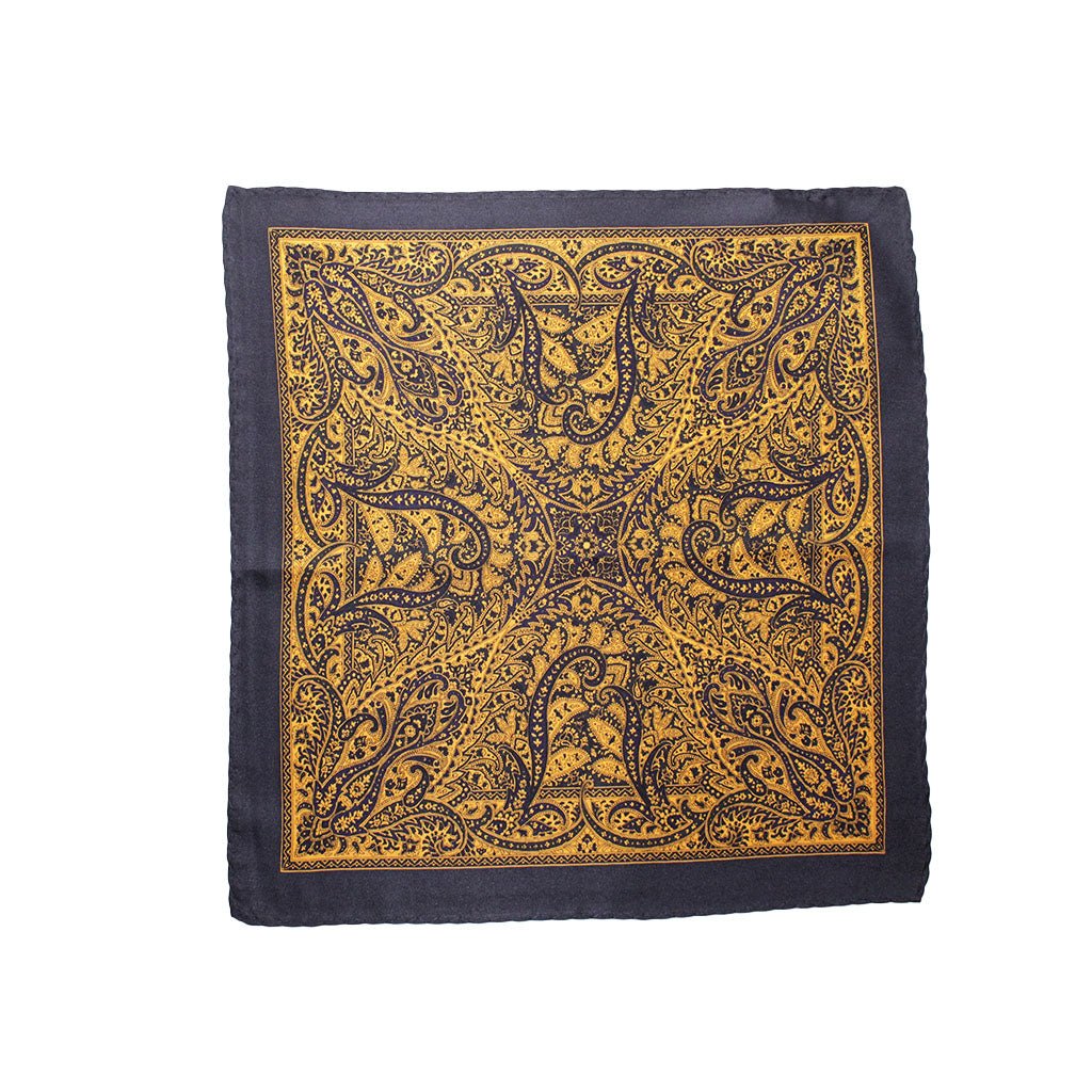 HENRY SARTORIAL Printed Paisley Pocket Square YELLOW/NAVY - Henry Bucks